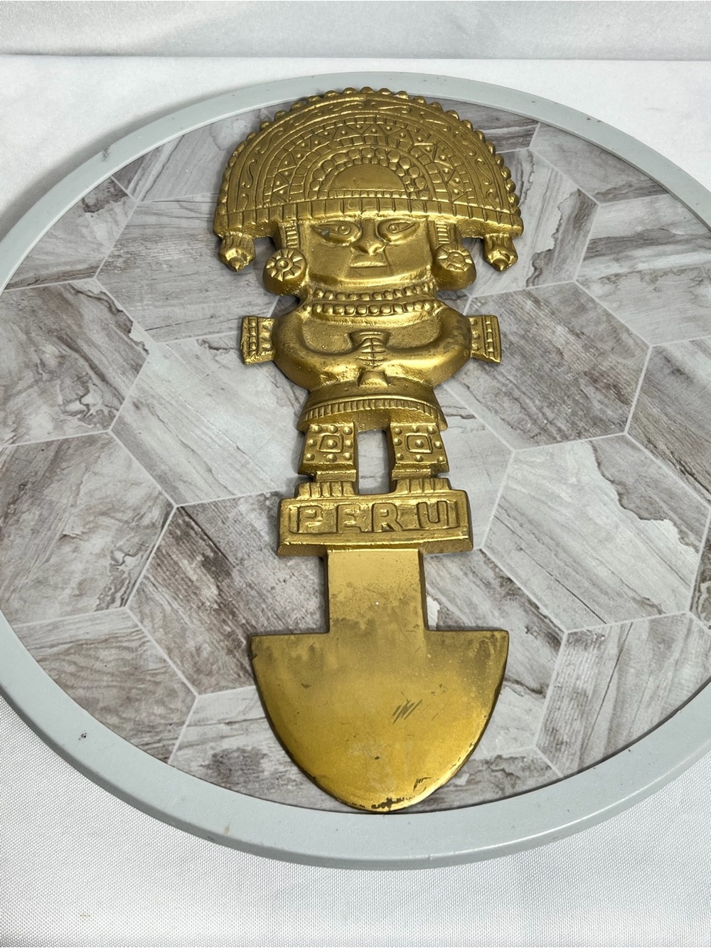 Vintage Peru Inca Wall Decor Brass Gold Tribal Figure Letter Opener 11in - Picture 1 of 6